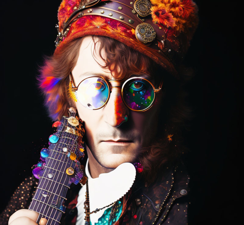 Digitally manipulated image of person in psychedelic glasses with colorful crown and miniature guitar.