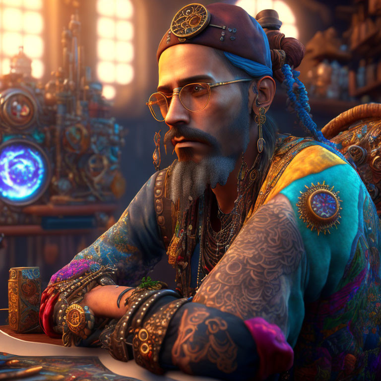 Bearded man in colorful turban and attire surrounded by occult objects