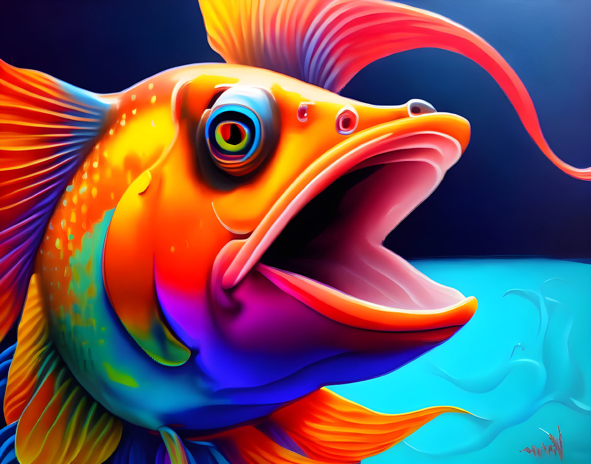Colorful digital artwork: Orange fish with exaggerated features on dark blue background