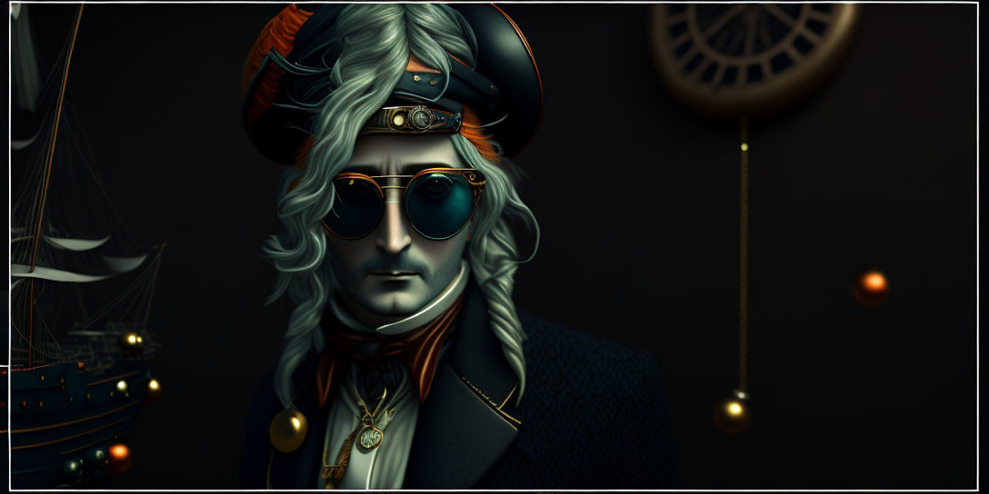 Digital portrait of male figure with white hair, pirate hat, aviator sunglasses, ship model, and