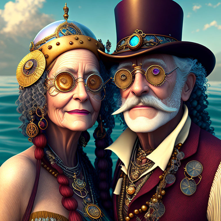 Steampunk-styled elderly couple against serene sea background