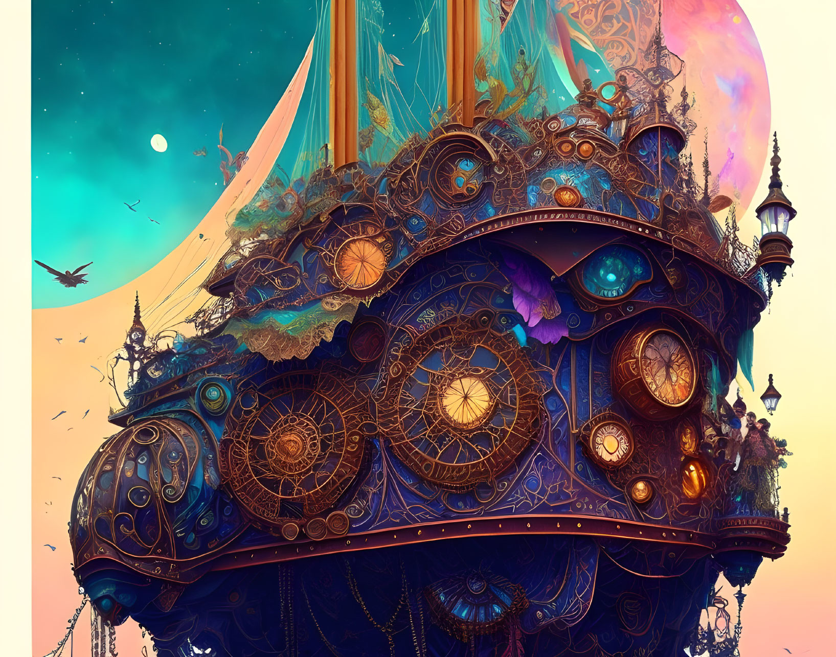 Ornate Clockwork Fantasy Flying Ship Over Sunset Sky