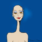 Stylized digital artwork of female figure with large eyes and blue makeup
