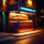 Neon-lit diner with Cyrillic sign, wet pavement reflections, and flying sparks.