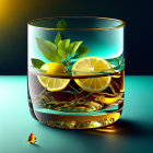 Goldfish swimming in decorated glass of water with lemon slices and greenery