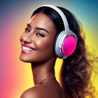 Colorful illustration: Woman with intricate facial art and headphones on vibrant backdrop