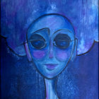 Blue-skinned female fantasy portrait with celestial motifs and bubbles on deep blue background