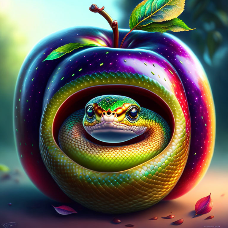 Colorful Snake-Frog Hybrid Coiled in Apple with Dewdrops