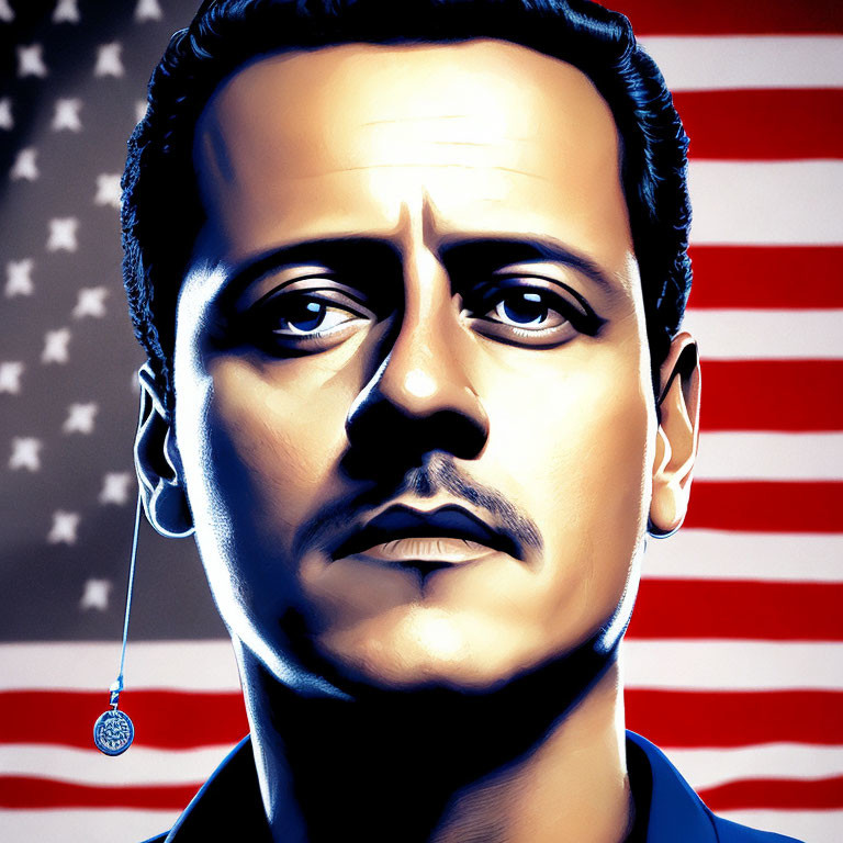 Man with Dark Hair and Mustache in Front of American Flag with Subtle Earring