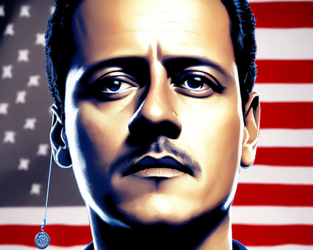 Man with Dark Hair and Mustache in Front of American Flag with Subtle Earring