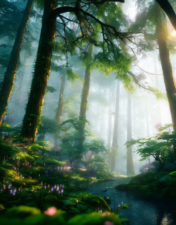 Sunlit misty forest with tall trees, creek, greenery, and pink flowers.