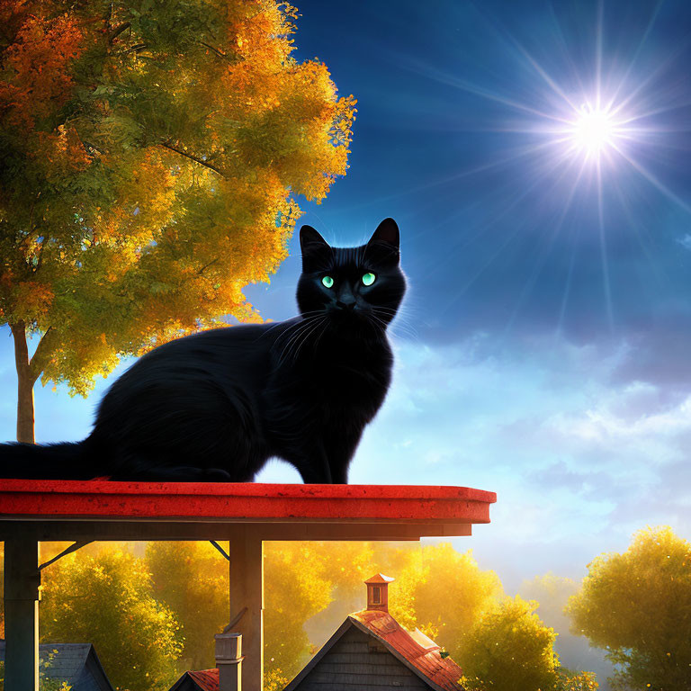 Black Cat with Green Eyes on Red Structure with Autumn Trees and Sun