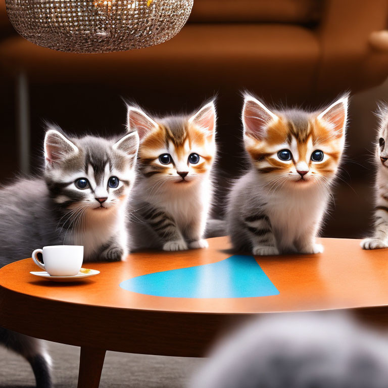 Four cute kittens on table with white cup under warm light