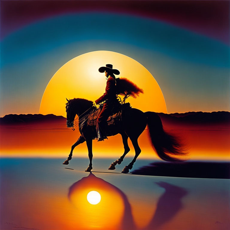 Cowboy on Horseback Silhouetted Against Vibrant Sunset and Water Reflection