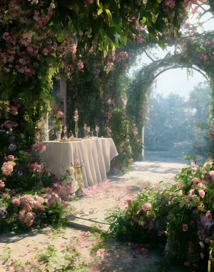 Garden scene with candlelit table under floral arbor and sunlit archway