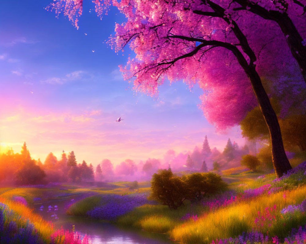 Colorful landscape with pink blossoming tree, wildflowers, river, bird, and sunrise or sunset