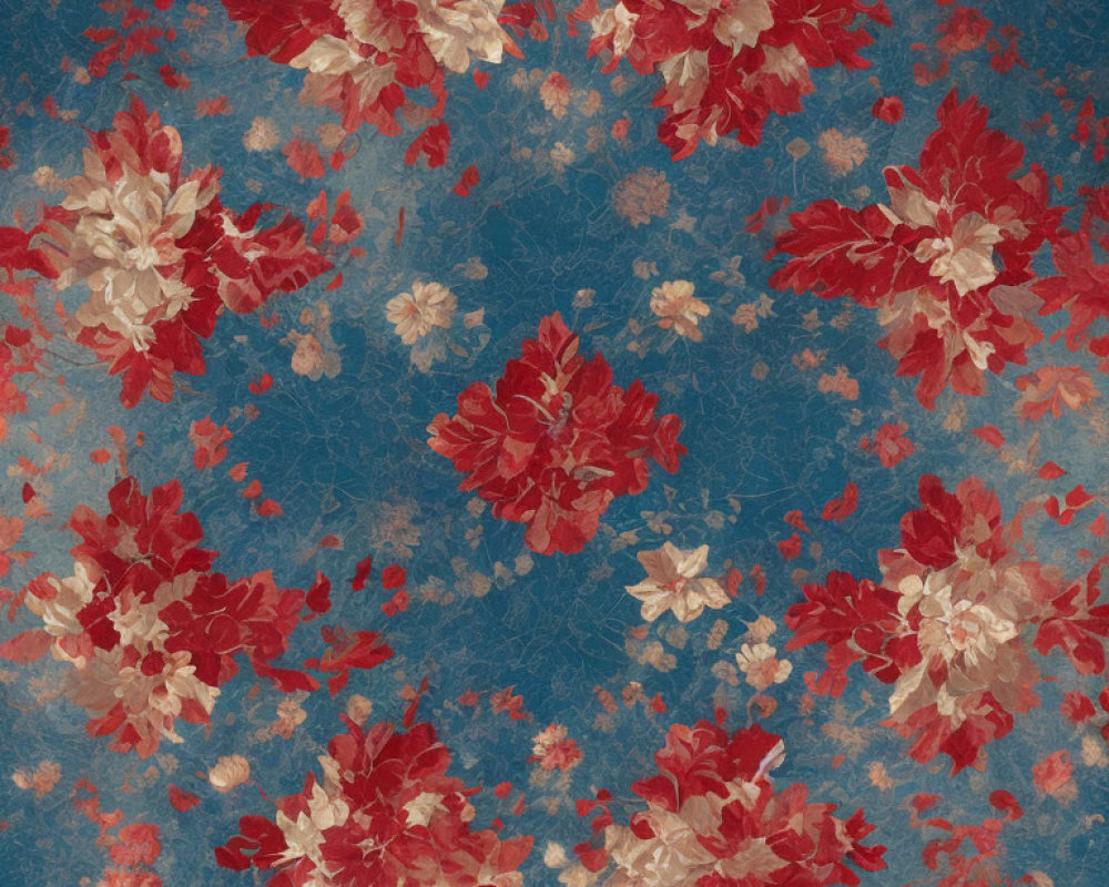 Vibrant red and white floral design on textured blue backdrop