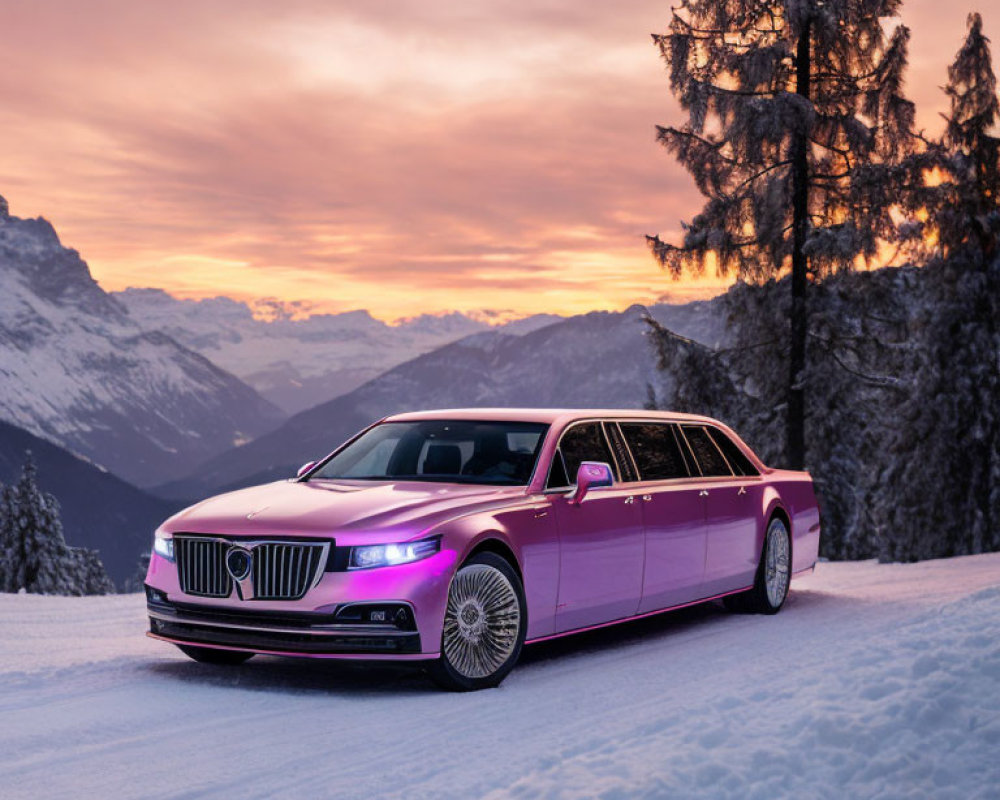 Pink Limousine Parked on Snowy Mountain Landscape at Dusk
