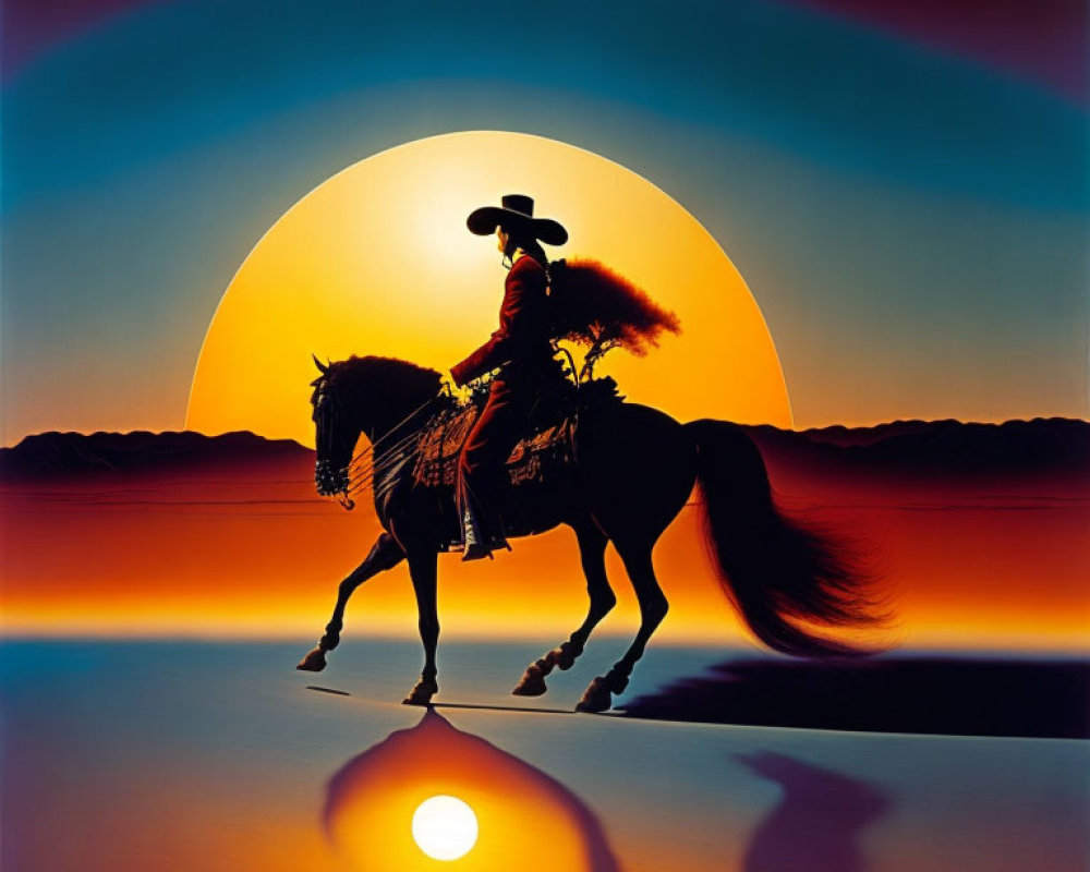 Cowboy on Horseback Silhouetted Against Vibrant Sunset and Water Reflection
