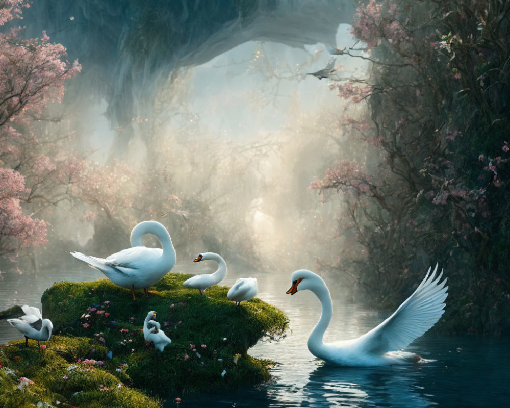Swans and ducks in serene lake with cherry blossoms and stone bridge