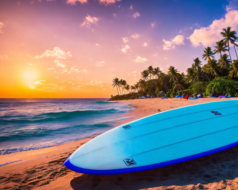 Tropical beach sunset scene with surfboard and palm trees