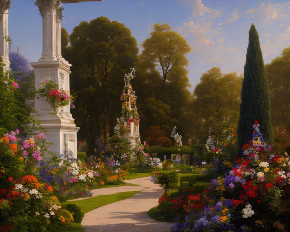 Tranquil garden scene with vibrant flowers, statues, path, and classical architecture.