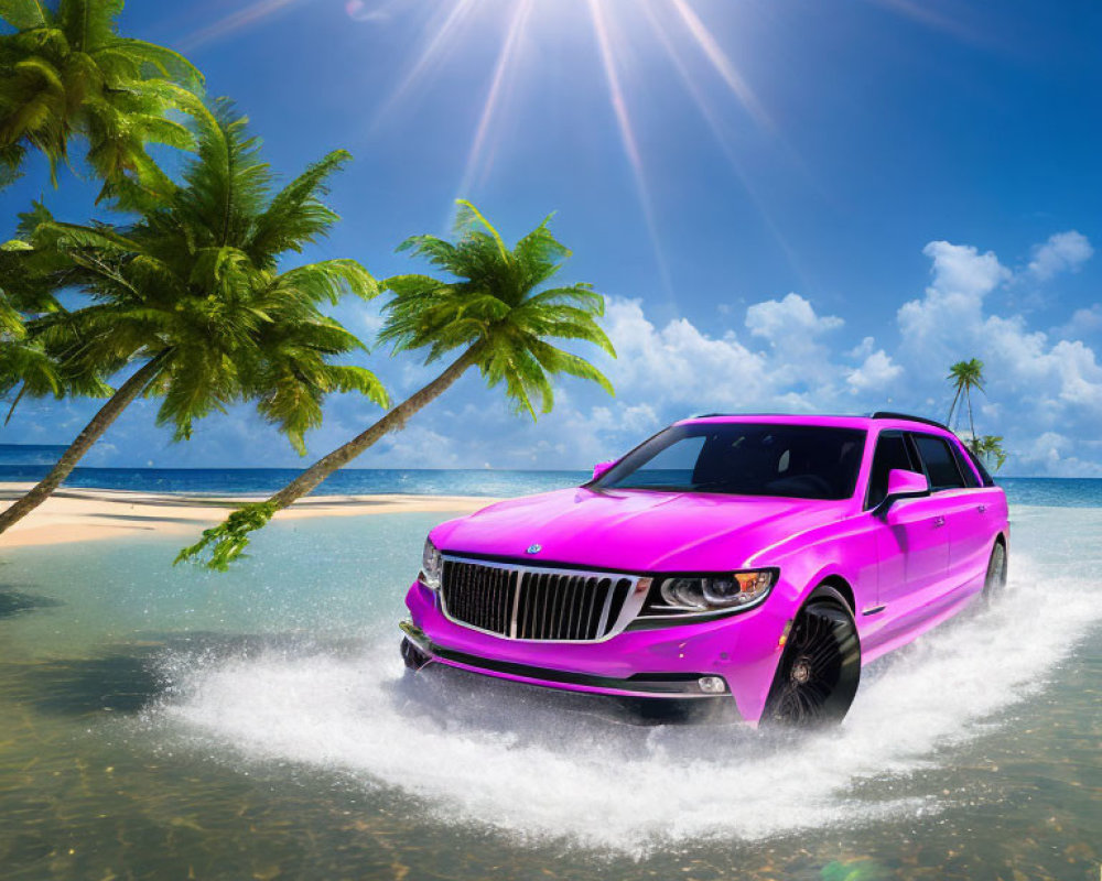 Pink Car Driving Through Shallow Ocean Water Near Sandy Beach with Palm Trees