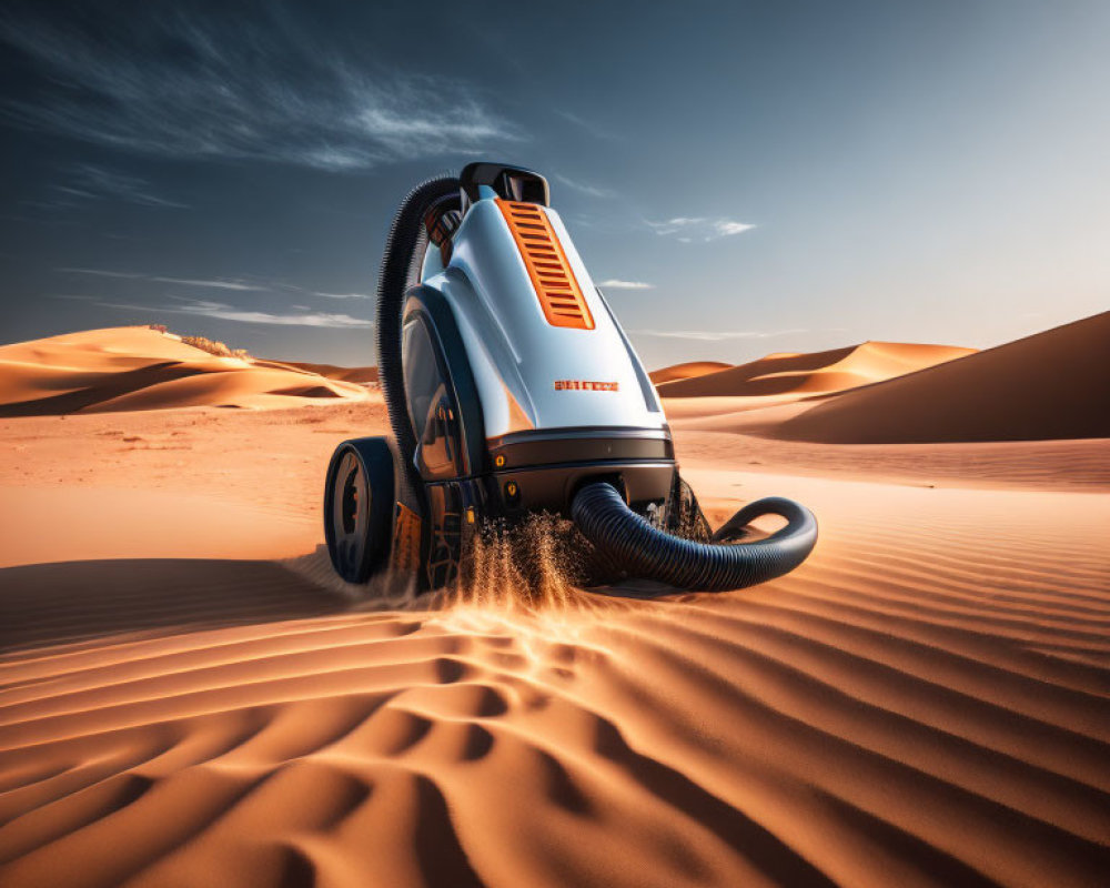 Autonomous futuristic vacuum cleaner in desert landscape.