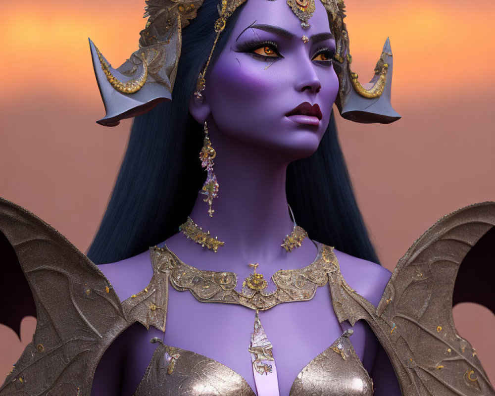 Fantasy character with purple skin and golden headgear on orange backdrop.