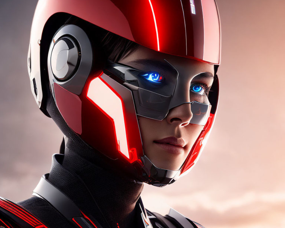 Futuristic person in red helmet with blue eyes and high-tech suit