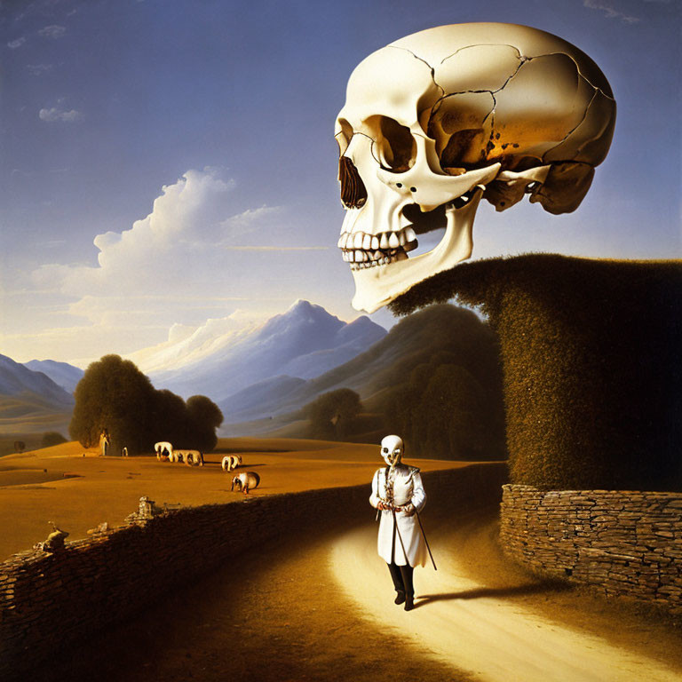 Surreal landscape with oversized skull, small figure, cows, and mountains