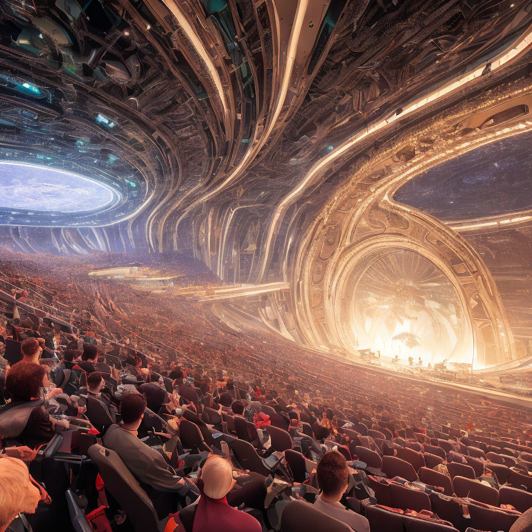 Futuristic amphitheater with intricate architecture and vast domed ceiling