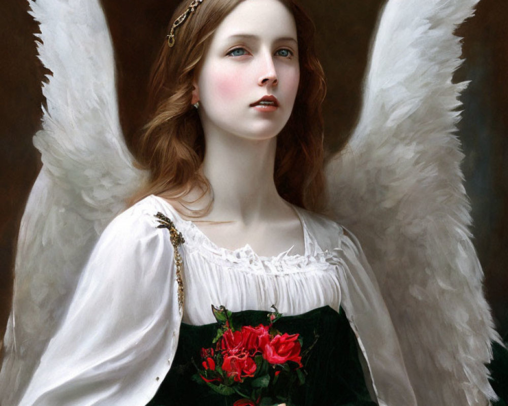 Young woman with angel wings in white blouse and green corset, holding red roses
