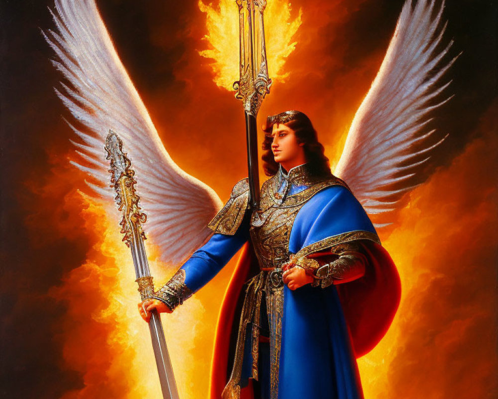 Figure with White Wings, Flaming Sword, and Staff in Blue and Red Armor