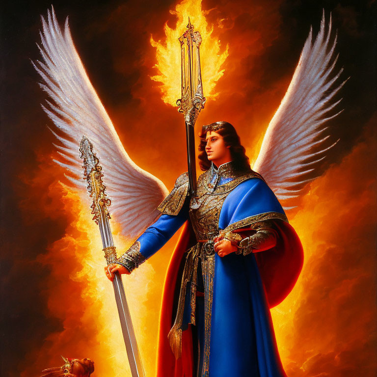 Figure with White Wings, Flaming Sword, and Staff in Blue and Red Armor