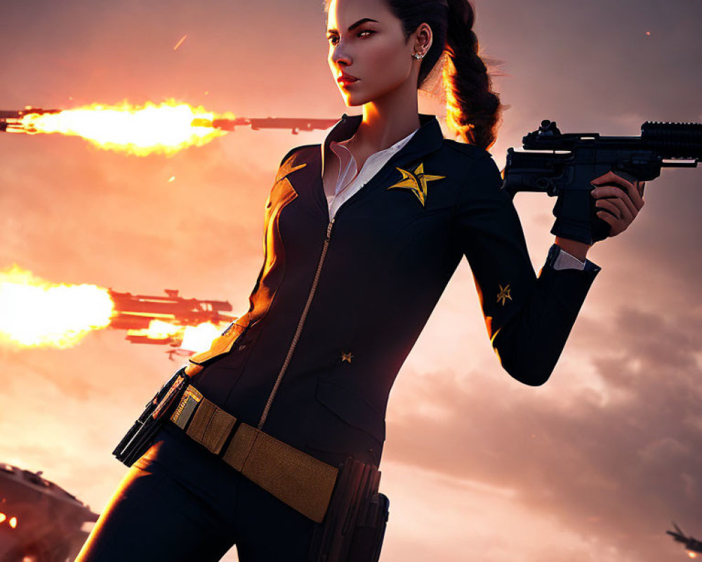 Digital artwork: Woman in military outfit with rifle in sunset sky scene