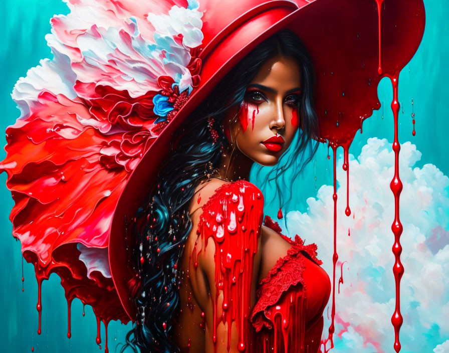 Vivid digital artwork: Woman with blue eyes, melting red attire, liquid effects, turquoise background