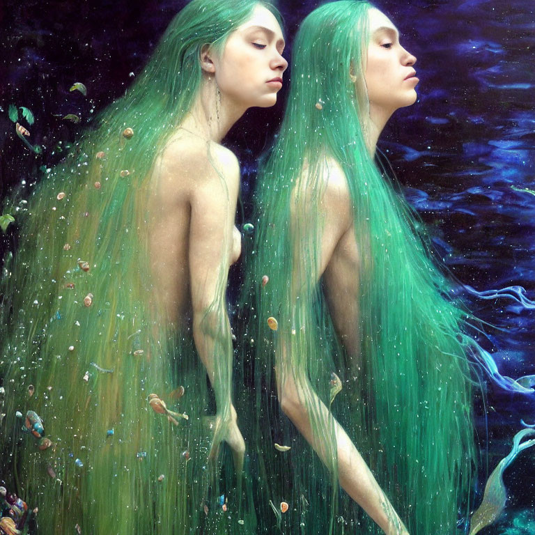 Long Green Hair Resembling Underwater Creatures in Dark Aquatic Setting