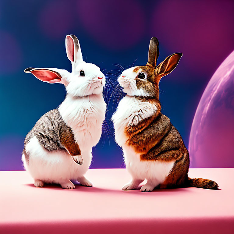 Two rabbits with suit and tie fur patterns on vibrant purple and pink backdrop.