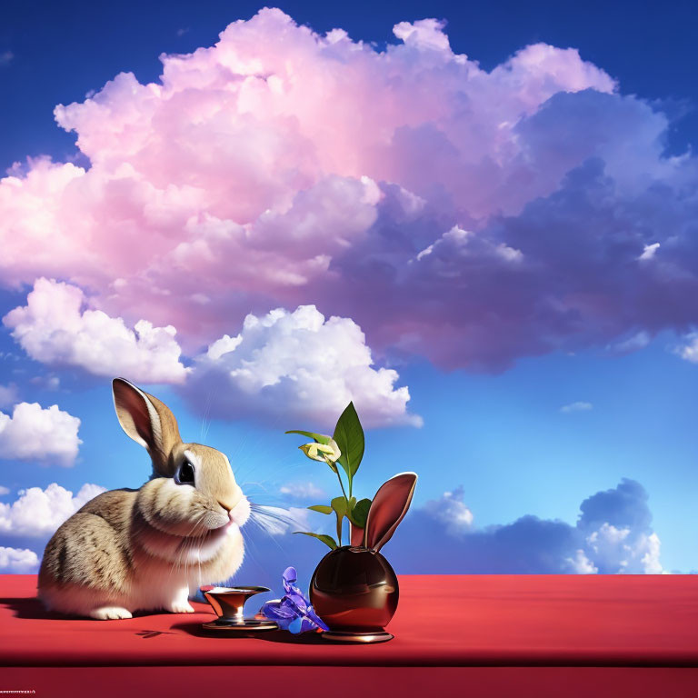 Rabbit with chocolate pot, plant, and eggshell under blue sky