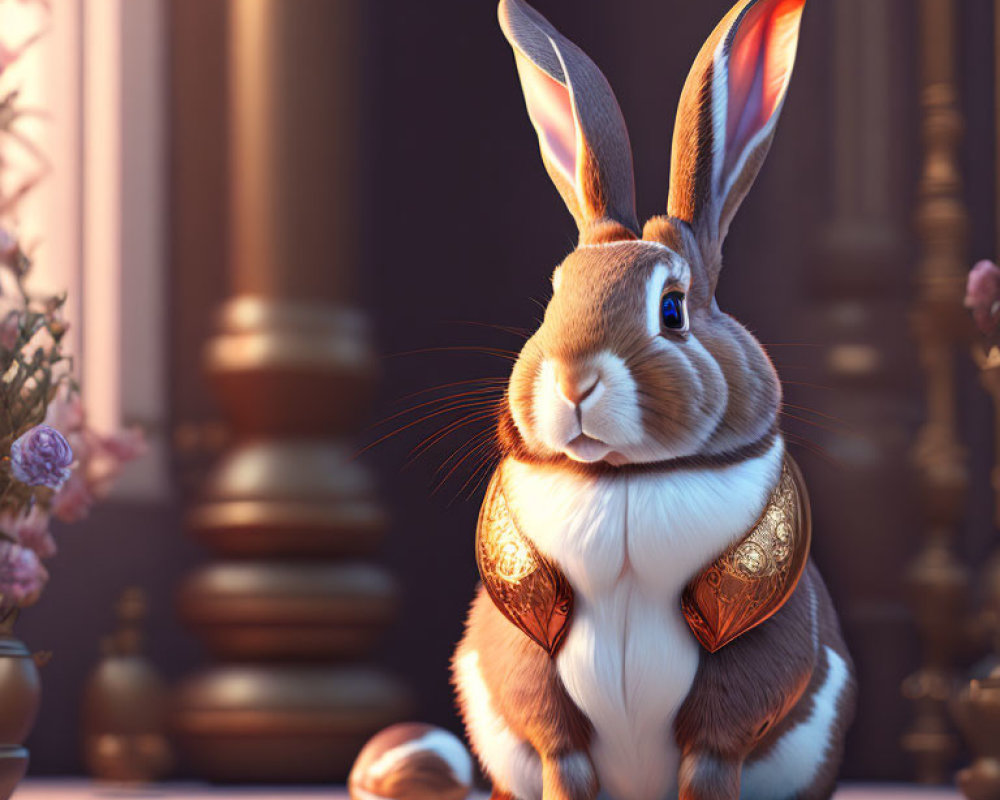 Detailed 3D-animated rabbit with elegant shoulder armor in classical room