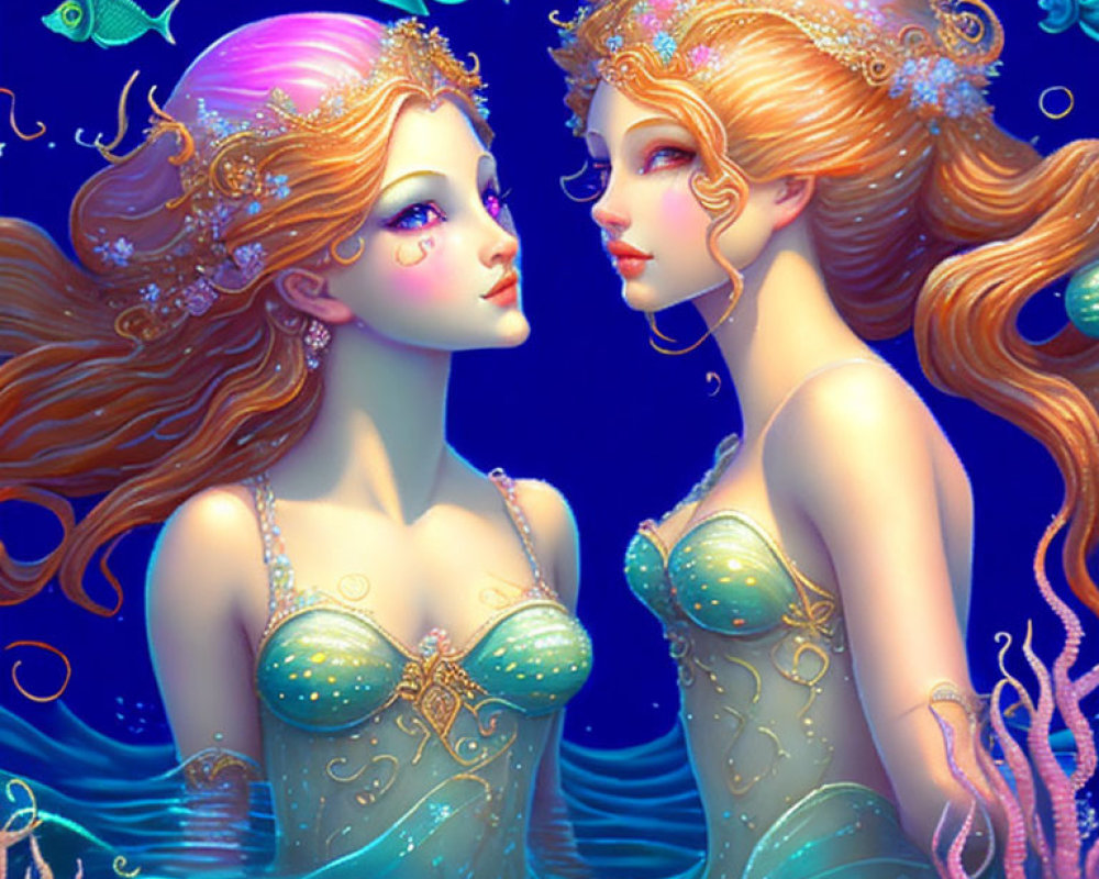 Opalescent-haired mermaids in jeweled tops on deep blue sea-life backdrop