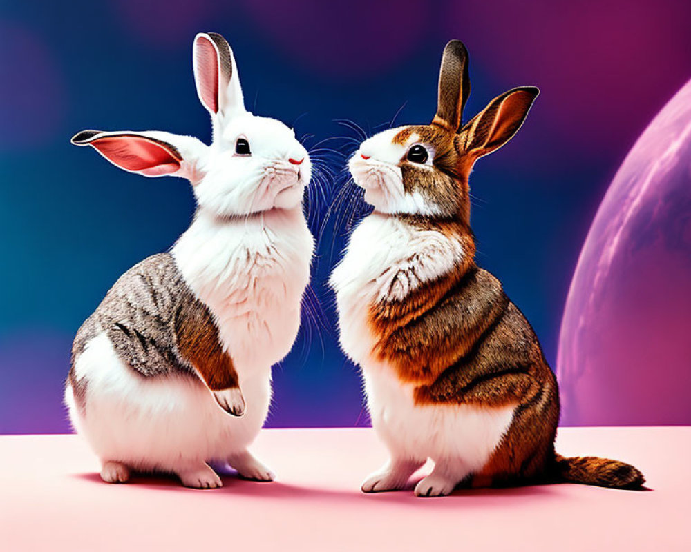 Two rabbits with suit and tie fur patterns on vibrant purple and pink backdrop.