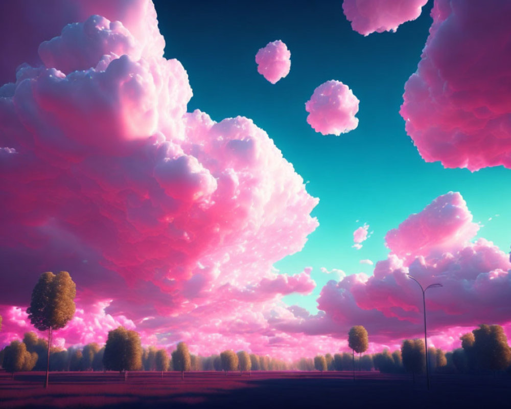 Vibrant pink clouds over tree-lined path in surreal landscape