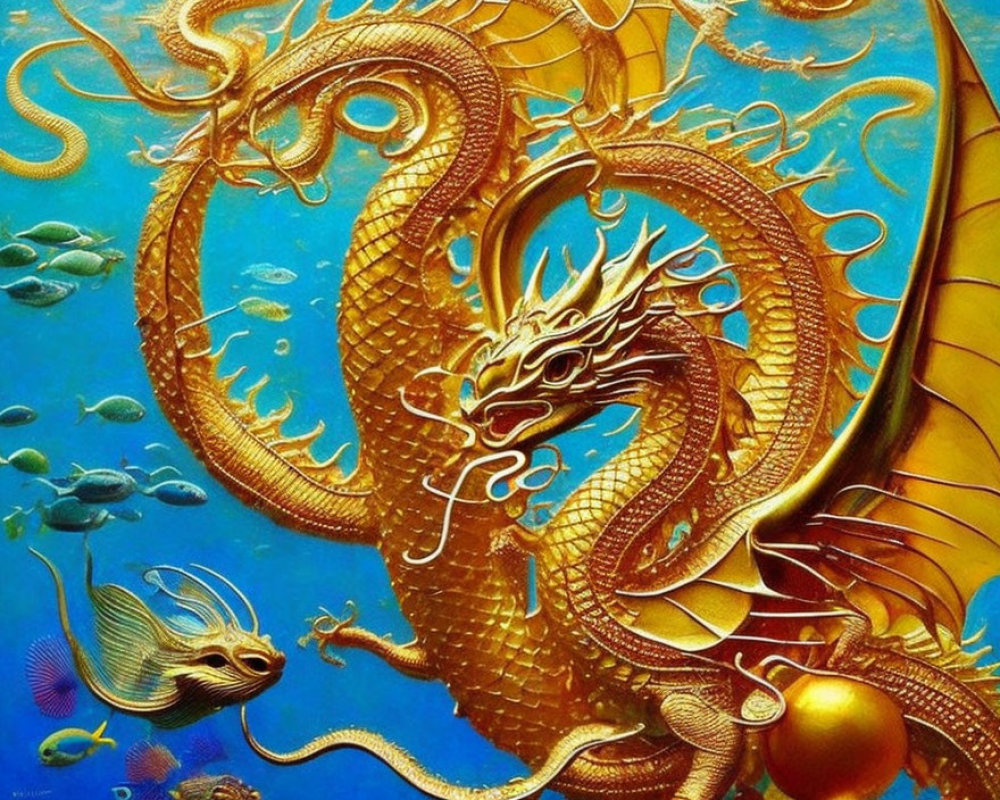 Golden dragon surrounded by blue fish in deep blue aquatic background