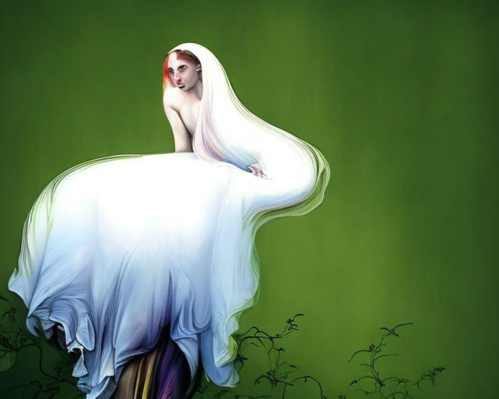 Red-haired woman in flowing white garment against green background