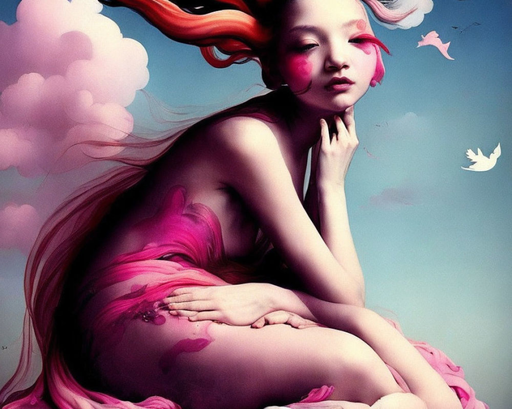 Colorful portrait of a person with pink hair and vibrant makeup against a dreamy sky.