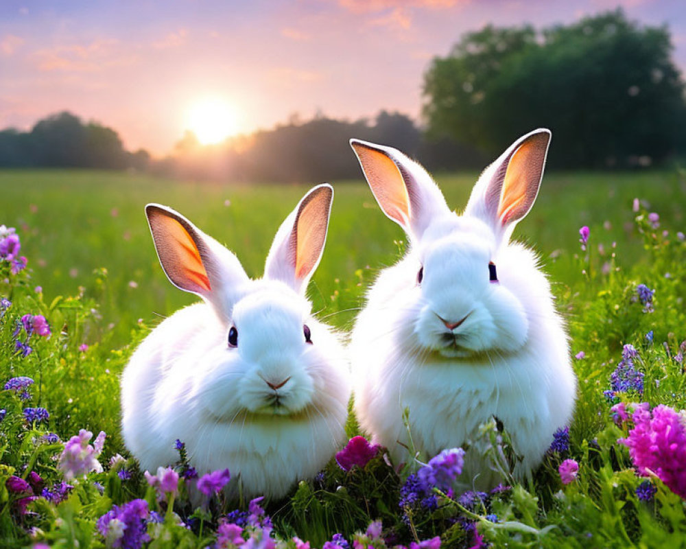 White rabbits with glowing ears in colorful meadow at sunset