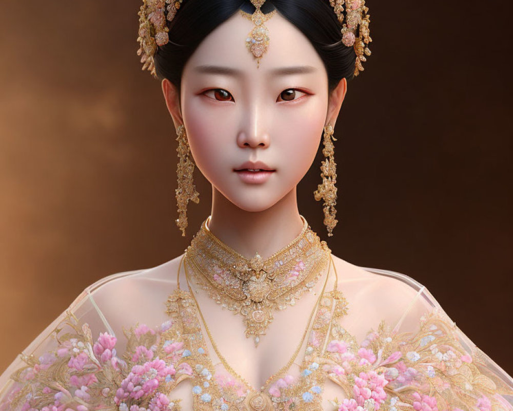 Traditional Chinese Bridal Attire with Golden Jewelry and Floral Embroidery