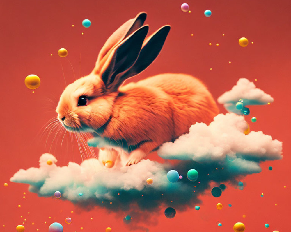 Orange rabbit on fluffy cloud surrounded by colorful spheres in warm-toned setting